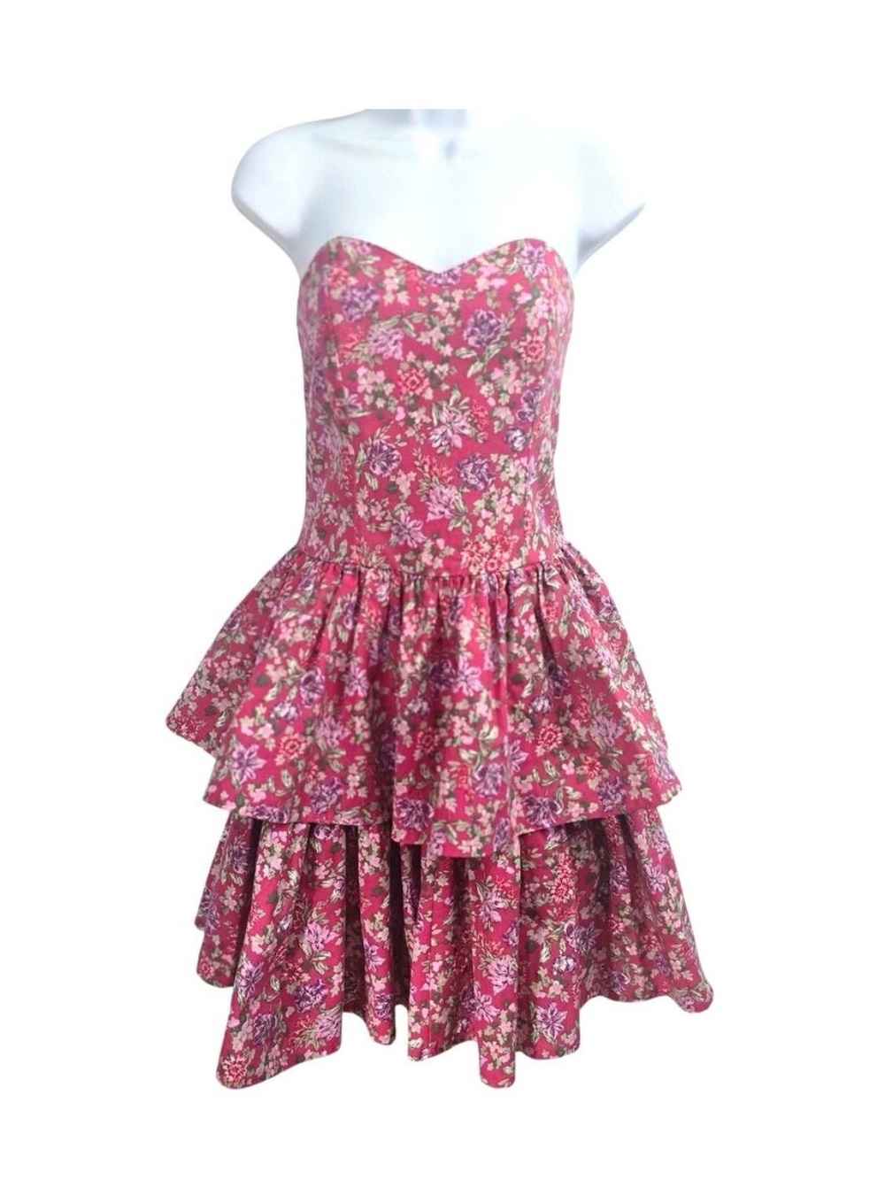 Vintage 1980s Laura Ashley Pink & Purple Sweetheart Neckline Floral Dress